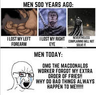 beard berserk bloodshot_eyes crying glasses guts_(berserk) manga open_mouth red_eyes soyjak tear text variant:soyak wordswordswords xitter_meme // 640x629 // 62.9KB