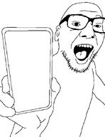 ear glasses hand holding_object meta:tagme mouth_open showing_phone smile soyjak template variant:phoneboy // 525x680 // 9.5KB