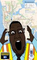 arm badge brooklyn brown_skin darius_mccollum glasses hair hand high_visibility_vest manhattan map open_mouth people's_populist_press public_transit queens soyjak staten_island stubble text the_bronx variant:ppp // 4003x6464 // 7.9MB