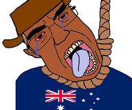 australia bloodshot_eyes brown_skin clothes crying dead flag glasses hair hanging hat open_mouth rope soyjak subvariant:chudjak_front suicide variant:chudjak // 867x719 // 309.6KB