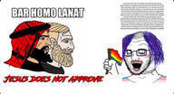 blush flag glasses hair hand holding_flag holding_object impact_font islam jesus lgbt makeup nordic_chad open_mouth purple_hair soyjak stubble subvariant:crazed_troonjak subvariant:soyak_(crazed) text tranny variant:soyak wordswordswords // 640x346 // 76.8KB