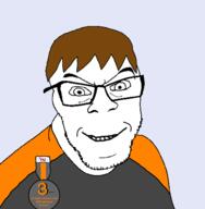 badge brown_hair clothes dan glasses hair open_mouth smile smug soybooru soyjak stubble text variant:feraljak // 1470x1500 // 189.3KB