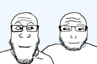 2soyjaks are_you_soying_what_im_soying glasses looking_at_each_other neutral raised_eyebrow series:trios_&_duos smirk soyjak stubble subvariant:lawrence subvariant:neutralplier transparent_background variant:markiplier_soyjak // 1200x800 // 66.8KB