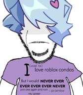 artist:Ilovy biting_lip blue_hair clothes forsaken hair i_love roblox souldrivenlove stubble t-shirt text tranny_artstyle variant:cobson // 787x900 // 387.5KB