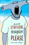 angry beach blue_skin clothes drawn_background hammerhead_shark open_mouth shark soyjak stubble text tshirt variant:tewi // 357x563 // 33.9KB