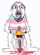 arm blood glasses gore hair hand holding_object jackhammer leg mustache open_mouth penis purple_hair soyjak stubble testicles tongue tranny variant:bernd yellow_teeth // 577x796 // 90.1KB