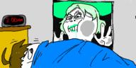 2soyjaks ahoge alarm_clock bed blanket brown_hair clenched_teeth closed_mouth clothes crystal_cafe drool female glasses green_hair hair hat oekaki soyjak subvariant:gapejak_female subvariant:shoyta variant:gapejak window // 500x250 // 31.5KB