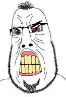 angry balding bloodshot_eyes brown_eyes clenched_teeth closed_mouth eyebags glasses hair soyjak stubble subvariant:hairson tired variant:cobson wrinkles yellow_teeth // 716x1046 // 49.4KB