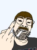 barneyfag beard brown_hair doom glasses grey_shirt hair hand lee_goldson middle_finger mustache open_mouth soyjak stubble transparent_background vape variant:daedaluson white_skin // 472x629 // 39.4KB