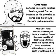 2soyjaks anime arm beard glasses hand holding_object holding_phone iphone one_punch_man open_mouth phone smile smirk smug soyjak stubble subvariant:phoneplier subvariant:phoneplier_vertical text variant:wojak // 1024x1024 // 174.3KB