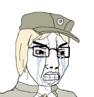 bloodshot_eyes christianity clenched_teeth clothes cross crying glasses hair hat marichka necklace soyjak swastika variant:chudjak yellow_hair // 845x870 // 29.8KB