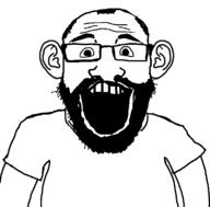 balding beard clothes ear glasses hair open_mouth soyjak tshirt variant:ronald // 800x789 // 34.3KB