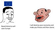 amerimutt chud closed_mouth european_union flag flag:european_union hair happy smile soyjak star_(symbol) text united_states variant:chudjak // 960x546 // 84.5KB