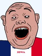 amerimutt black_sclera clothes ear flag flag:iowa hair iowa open_mouth red_shirt soyjak state stubble teeth text transparent_background united_states variant:alicia // 418x555 // 17.0KB