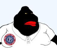 black_skin brown_eyes closed_mouth clothes collared_shirt double_chin fat gynaecomastia hair logo looking_to_the_right mutt nigger obese patriot_front polo_shirt red_lips soyjak stubble transparent_background vantablack_skin variant:meximutt white_shirt yellow_sclera // 1675x1583 // 239.3KB