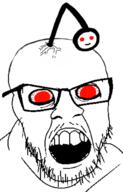angry antenna bloodshot_eyes crazed glasses mustache open_mouth reddit redditard smile soyjak stubble variant:feraljak // 805x1254 // 238.7KB