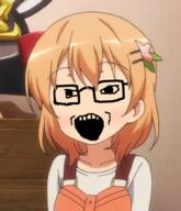 anime blush coffee female glasses gochiusa hair hoto_cocoa open_mouth orange_hair soyjak variant:soyak white_skin // 459x534 // 304.5KB