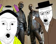 2soyjaks arm breaking_bad clothes gas_mask glasses hand hat hazmat_suit irl_background jacket jesse_pinkman looking_at_viewer looking_at_you pointing statue stubble variant:two_pointing_soyjaks walter_white // 1026x800 // 419.1KB