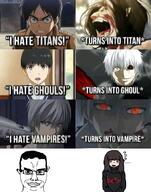 anime attack_on_titan blush boymoder clothes eren female smug subvariant:chudjak_front text titan tokyo_ghoul tranny tshirt vampire variant:chudjak // 680x867 // 202.1KB