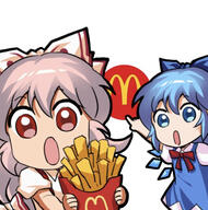 2soyjaks anime cirno clothes french_fries fujiwara_no_mokou goyslop holding_object jokanhiyou mcdonalds meta:nas soy_parody touhou variant:two_pointing_soyjaks video_game // 456x460 // 206.4KB