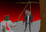 ack bandage blood clown durag glasses green_skin grey_shirt grey_skin hair hank_j_wimbleton madness_combat mask muscles red_background red_glasses red_hair rope teeth tree tricky tricky_the_clown variant:bernd variant:chudjak // 2100x1500 // 312.8KB