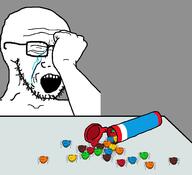 arm bug candy closed_eyes crying ear glasses m&ms multiple_soyjaks open_mouth smile soyjak spider stubble table variant:impish_soyak_ears variant:soyak // 1299x1184 // 172.0KB