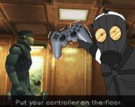 arm clothes game_controller gas_mask hand metal_gear playstation pointing psycho_mantis solid_snake soyjak text variant:two_pointing_soyjaks video_game // 2921x2310 // 1.5MB