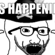 clothes excited glasses hand hands_up hat impact_font open_mouth pirate pirate_hat roblox soyjak stubble text variant:excited_soyjak video_game zeppelin_wars // 220x129 // 15.8KB