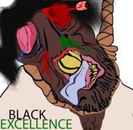 black_excellence black_skin bloodshot_eyes clothes crying deformed glasses hanging mucus open_mouth pill rope soyjak stubble suicide text tongue variant:bernd // 726x711 // 643.2KB