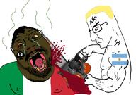 2soyjaks angry argentina arm blood bloodshot_eyes blue_eyes brown_skin buff chainsaw closed_mouth crying decapitation fat flag flag:argentina flag:italy glasses hair hand holding_chainsaw holding_object italy murder mustache nazism open_mouth queen_of_spades side_profile soyjak spade stubble subvariant:chainsaw_bernd swastika variant:bernd variant:chudjak yellow_hair yellow_teeth // 1238x872 // 401.5KB