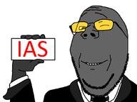 arm bowtie clothes glasses grey_skin hand holding_object ias smile soot soot_colors soyjak soyjak_party stubble subvariant:wholesome_soyjak suit text variant:gapejak wink // 1070x800 // 31.3KB