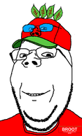 IT2GB broot broot_2026 brootal brootism brootist campaign cap clothes glasses hat leaf logo red_shirt red_skin series:administ_soyjaks smile stubble subvariant:wholesome_soyjak variant:gapejak variant:impish_soyak_ears // 600x981 // 27.5KB