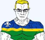 arm blue_eyes buff closed_mouth clothes flag flag:flevoland fleur-de-lys flevoland glasses hair netherlands soyjak subvariant:chudjak_front subvariant:muscular_chud transparent transparent_background tshirt variant:chudjak vein yellow_hair // 1059x929 // 59.7KB