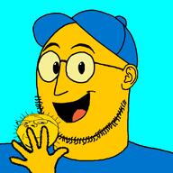 baseball_cap bimo blue_hat clothes ear glasses hat holding_object hotdiggedydemon open_mouth soyjak star stubble subvariant:wholesome_soyjak sun tongue variant:gapejak variant:weirdpenis yellow_sclera yellow_skin // 900x900 // 59.5KB