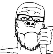 closed_mouth frown glasses hair hand smile soyjak stubble thumbs_down variant:a24_slowburn_soyjak // 450x459 // 15.2KB