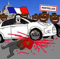 beret blood car citroen clothes country dead flag france full_body glasses hat irl_background montepellier morocco mustache negro open_mouth soyjak stubble text tshirt variant:a24_slowburn_soyjak yellow_sclera yellow_teeth // 1200x1181 // 487.7KB