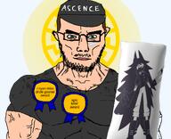 ascence_(user) award beard body_pillow brown_hair buff cap closed_mouth clothes flag:transgender_pride_flag fpe fundamental_paper_education glasses green_eyes hair hat meta:namefags miss_circle mustache self_insert sonnenrad soyjak subvariant:muscular_chud variant:chudjak white_skin // 1144x929 // 453.6KB