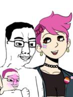 2soyjaks arm baby blush bowtie closed_mouth clothes ear earring enbie father female flag glasses hair hand looking_at_each_other pink_hair smile soyjak tranny variant:chudjak white_skin // 522x686 // 336.9KB