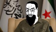 HTS abu_mohammad_al_julani flag flag:syria_opposition glasses hayʼat_tahrir_al-sham rebel smile smug syria variant:chudjak // 1280x720 // 78.7KB