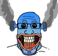 analog_horror bloodshot_eyes blue_skin calm ear fume glasses mandible nage ogre_ears oh_my_god_she_is_so_attractive soyjak stubble subvariant:nageplier variant:markiplier_soyjak // 834x802 // 162.2KB