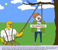 2soyjaks 4chan bloodshot_eyes closed_mouth cloud co_(4chan) crying drawn_background full_body glasses hair hanging heart holding_object holding_rope homestuck i_love janny lynching mustache orange_hair smile soyjak stubble sun suspenders text tongue tranny tree variant:bernd variant:chudjak yellow_skin yellow_teeth // 1928x1656 // 351.5KB