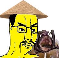 asian bat buck_teeth clothes coronavirus_pandemic food fu_manchu_(mustache) glasses hair hat mustache rice_hat soyjak variant:chudjak yellow // 1328x1310 // 1.4MB