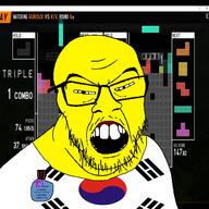 asian flag glasses korea medal mustache open_mouth skin small_eyes soyjak stubble tetris variant:feraljak yellow_skin // 1500x1500 // 633.8KB