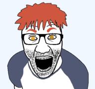 arm clothes emiya_shirou fate_stay_night glasses open_mouth orange_hair soyjak stubble tshirt variant:el_perro_rabioso yellow_eyes // 427x400 // 38.0KB