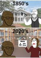 1850s 2020s 4soyjaks angry arm black_skin brown_hair closed_eyes closed_mouth clothes ear female femjak glasses hair hand holding_object irl_background knout library makeup slave soyjak stubble text variant:gapejak variant:soyak // 1000x1400 // 1.5MB