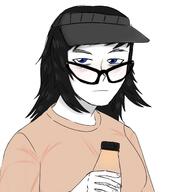 avengers beanie blue_eyes blushing brown_shirt cute cute_girl girl glasses nentendo_switch soy soylent soylent_(cacao) variant:soytan white_skin woman // 1378x1378 // 414.2KB