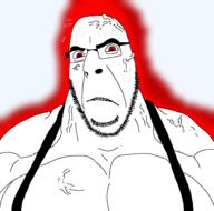 aura buff frown glasses looking_at_you red_eyes soyjak stubble sweating transparent_background variant:cobson vein // 1422x1404 // 380.1KB