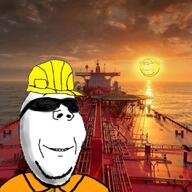 2soyjaks boat clothes glasses hard_hat hat helmet irl_background sea soyjak stubble subvariant:wholesome_soyjak sun sunglasses sunset variant:gapejak wagie water // 1080x1080 // 210.4KB