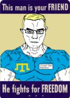 arm astrofene_(namefag) blue_eyes buff closed_mouth clothes crimean_tatar flag flag:crimean_tatar glasses hair propaganda propaganda_poster soyjak subvariant:chudjak_front subvariant:muscular_chud this_man_is_your_friend_he_fights_for_freedom tshirt variant:chudjak vein white_skin yellow_background yellow_hair // 491x681 // 251.6KB