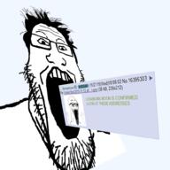 2soyjaks 4chan arm biz_(4chan) chainlink glasses greentext hand hands_up open_mouth screenshot soyjak stubble subvariant:wewjak text variant:markiplier_soyjak variant:soyak // 1000x1000 // 3.8MB